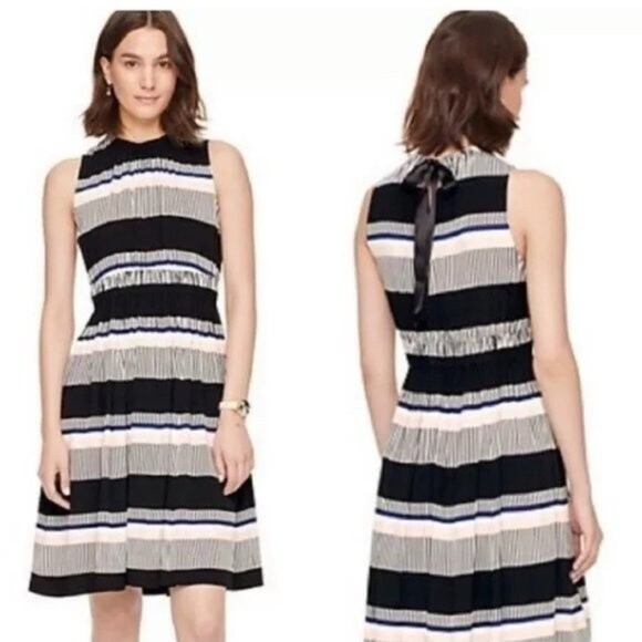Kate Spade Sleeveless Bay Stripe Tie Back Black Pink Fit & Flare Dress Size 0 - Picture 1 of 12